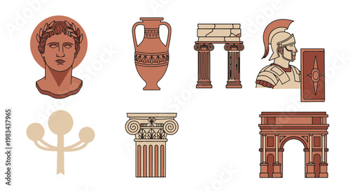 Roman Empire Architectural Elements and Soldier Bust on Transparent Background
