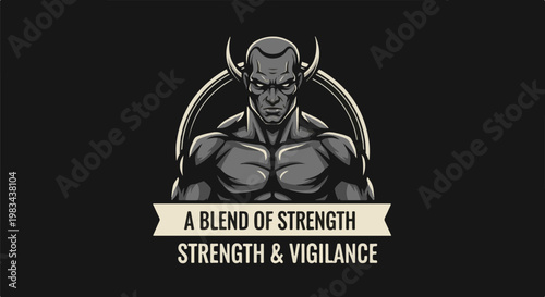 Muscular figure with horns and intense gaze, embodying strength and vigilance