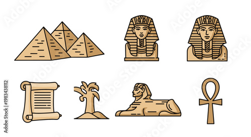 Ancient Egyptian Symbols and Landmarks Collection with Pyramids Sphinx Pharaoh Busts Papyrus Scroll and Ankh