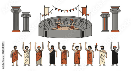 Ancient Greek Gladiators Fighting in Arena with Spectators and Architectural Columns