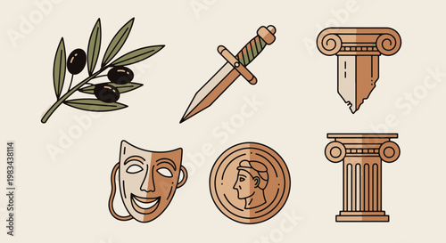 Ancient Greek Iconography Olive Branch Dagger Theatre Mask Coin and Column Capital