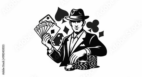 Gentleman in suit and fedora holding playing cards and poker chips