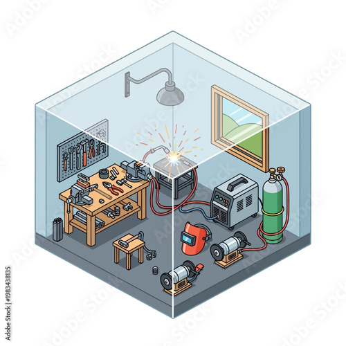 Isometric Workshop: Welding Station with Tools, Grinder, and Gas Cylinder