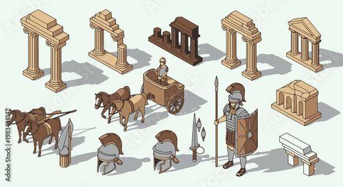 Ancient Greek Roman Empire Architectural Elements and Military Figures