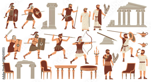 Ancient Greek Warriors in Combat with Spears and Shields Part of Roman Empire