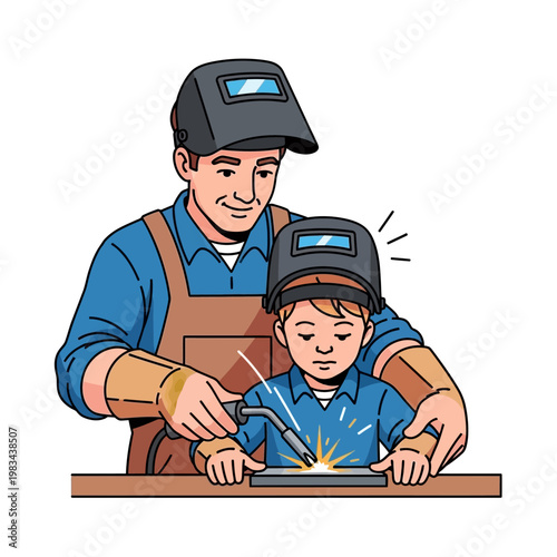 Father teaching son welding with protective gear, sparks flying, illustration