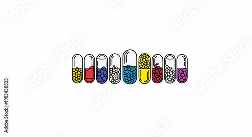 Line art of diverse colorful capsules containing small spheres or liquid