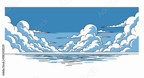 Stylized clouds hover above a reflective water surface under a clear blue sky