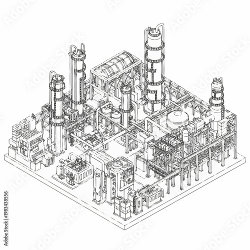 Detailed isometric line drawing illustration of a complex industrial chemical plant facility.