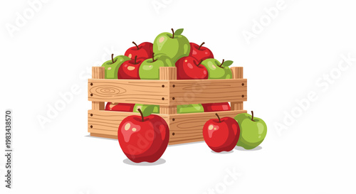 Pile of red and green apples spilling from a wooden crate on a white background