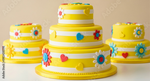 Three Tiered Yellow Cake Decorated with Flowers and Hearts.