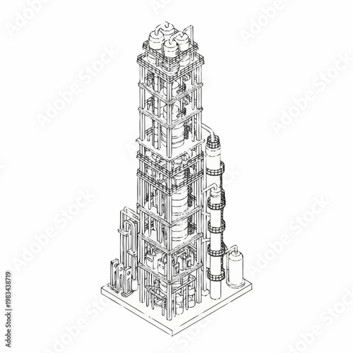 Detailed isometric line drawing of an industrial distillation column, representing chemical processing and manufacturing.