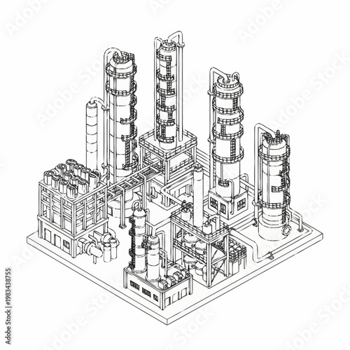 Isometric illustration of a complex industrial chemical processing plant with distillation towers and pipelines.