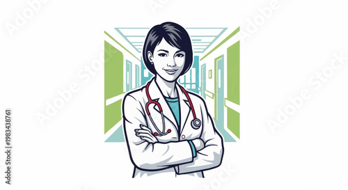 Illustration of a smiling female doctor in a white coat with a stethoscope, arms crossed