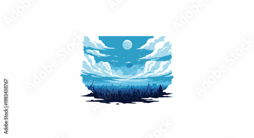 Pixelated crowd gathers under a vast, cloudy, moonlit sky