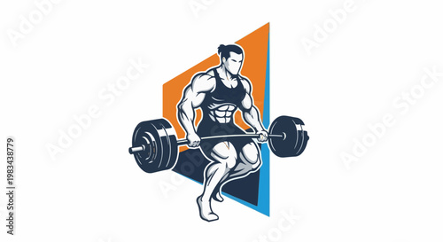 Muscular man in singlet lifting heavy barbell with weights attached