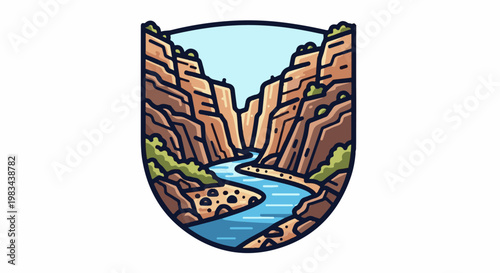 Stylized canyon with a winding blue river and rocky, vegetated cliffs
