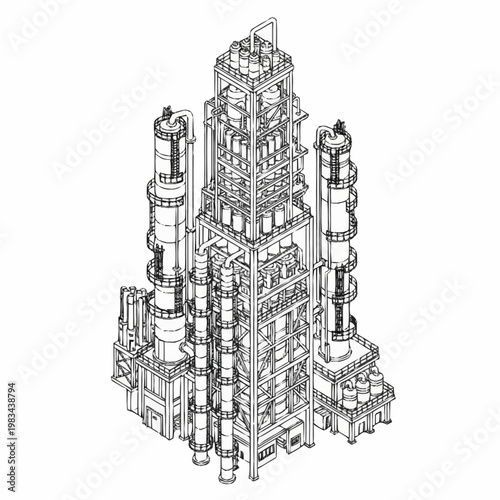 Industrial distillation column complex with multiple towers and piping, isometric line drawing.