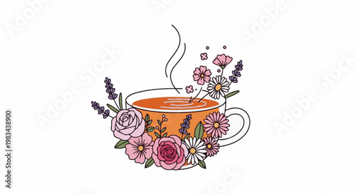 Steaming cup of tea adorned with a vibrant bouquet of roses and lavender