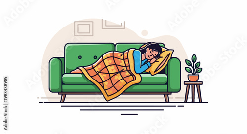 Person sleeping on a green couch, covered by a patterned blanket