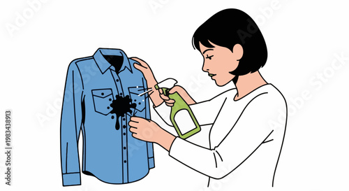 Person spraying cleaning liquid on a stained blue shirt