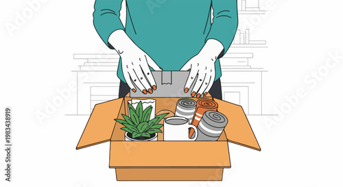 Person packing belongings in cardboard box, preparing for relocation