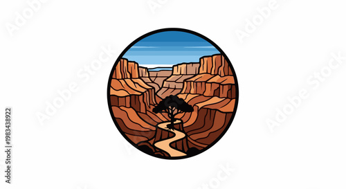Stylized cartoon canyon with a solitary tree and winding path within a circle