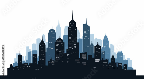 Silhouette cityscape with layered buildings in varying shades of blue