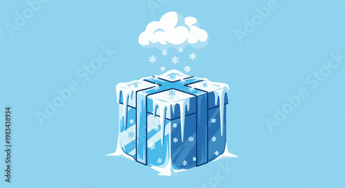 Gift box encased in ice, with snow falling from a cloud above