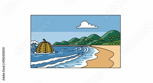 Giant yellow spotted squash bobbing in ocean waves near a sandy beach