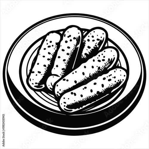 Vector Illustration of Grilled Sausages or Mozzarella Sticks on a Plate