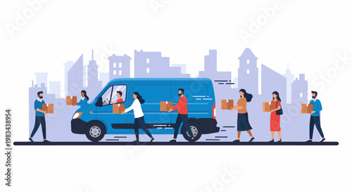 People delivering packages with a van in a city