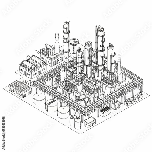 Detailed isometric line drawing of a complex industrial refinery complex with multiple towers and storage tanks.