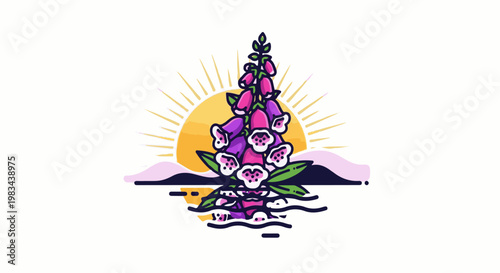 Foxglove flower with sun and reflection on water, vibrant colors