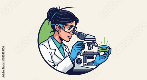 Scientist in lab coat and goggles examines petri dish under microscope