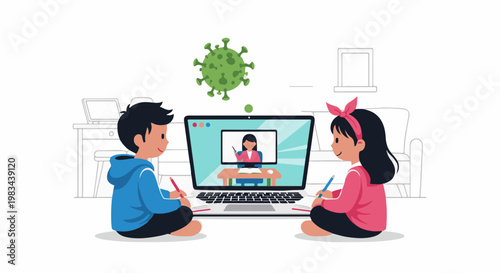Kids learning online with teacher during pandemic, virus icon above laptop