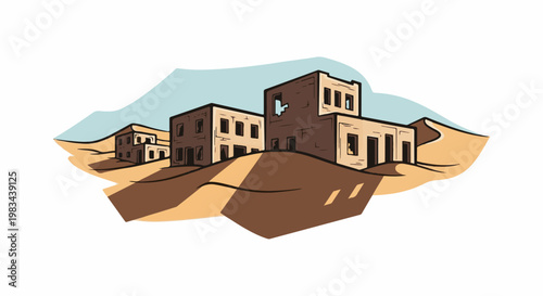 Ruined desert buildings on sand dunes under a light blue sky