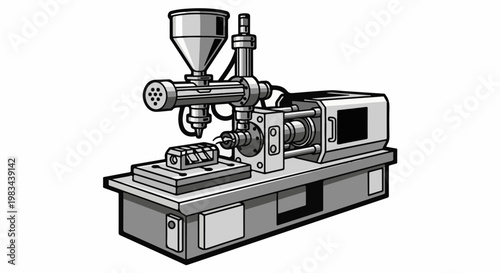 Industrial plastic injection molding machine with a hopper and mold