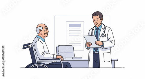 Doctor consults with elderly patient in a wheelchair at desk