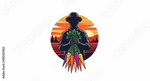 Silhouette farmer holding fresh carrots against sunset landscape