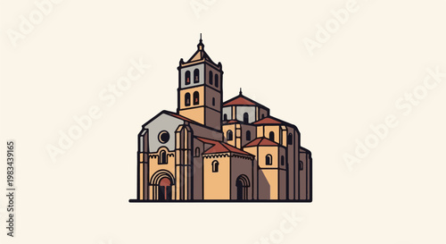 A stylized illustration of a historical stone church with arched windows and towers