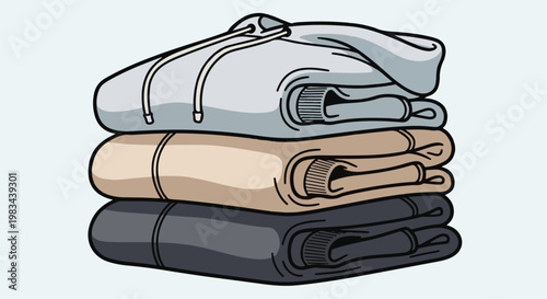 Stack of folded hoodies in neutral colors, simple illustration