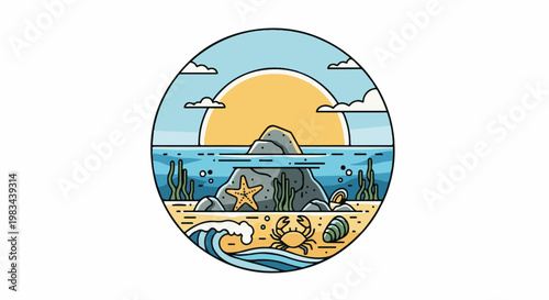 A vibrant coastal scene depicts a sunset over the ocean with marine life on the shore