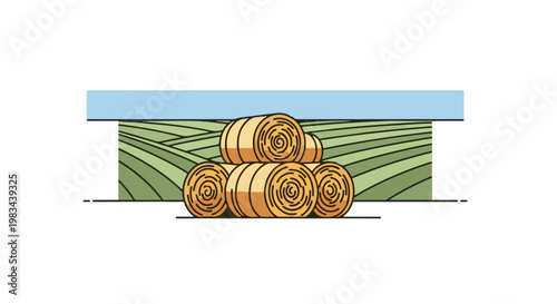 Stack of hay bales rests in a green field under a blue sky