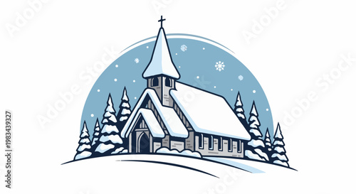 A snow-covered church stands amidst evergreen trees under a winter sky
