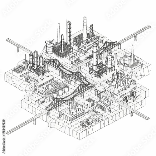 Isometric illustration of a sprawling industrial complex with bridges and elevated roadways.