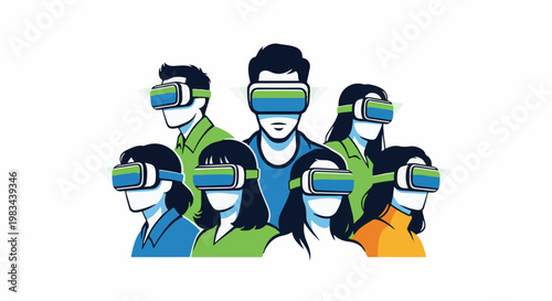 Diverse group of people wearing virtual reality headsets, experiencing technology