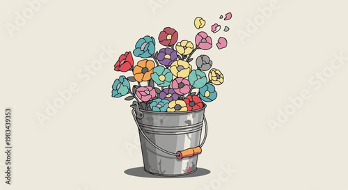 Pixelated bucket overflowing with a bouquet of colorful, diverse flowers