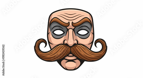 Stylized cartoon face with prominent curled mustache and grey eye markings