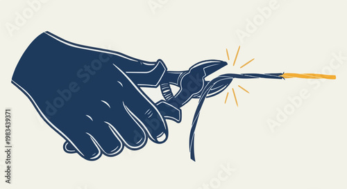 Hand cutting wire with pliers, sparking with yellow lines